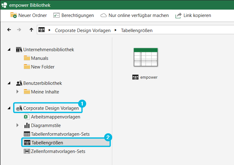 Bereich Corporate Design Vorlagen – Tabellengrößen