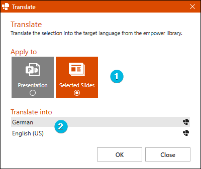 Dialog Box for Translation without DeepL