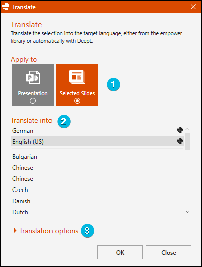 Dialog Box for Translation with DeepL