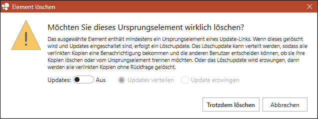 Dialogfenster zum Löschen eines Ursprungselements