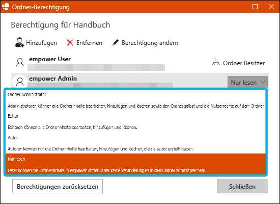 Drop-Down-Menü mit Berechtigungsrollen