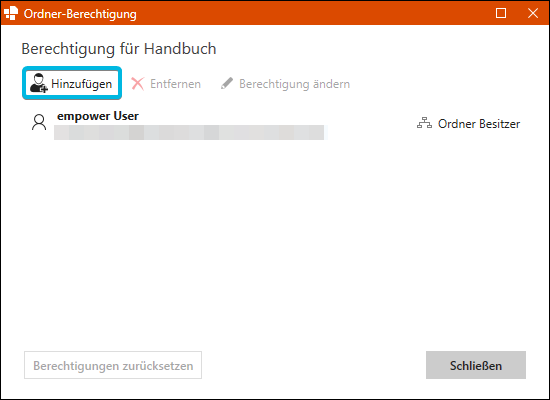 Button Hinzufügen im Fenster Ordner-Berechtigung