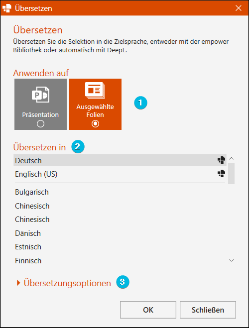Dialogfenster für Übersetzung mit DeepL