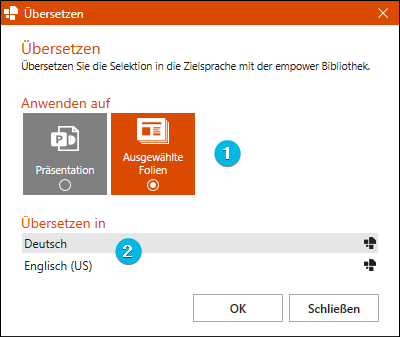 Dialogfenster für Übersetzung ohne DeepL