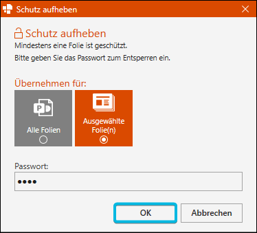 Button OK für das Aufheben des Folienschutz