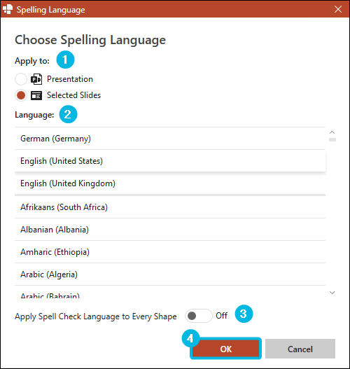 Dialog Box Spelling Language