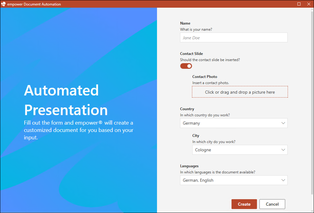 Dialog Box for Automated Template