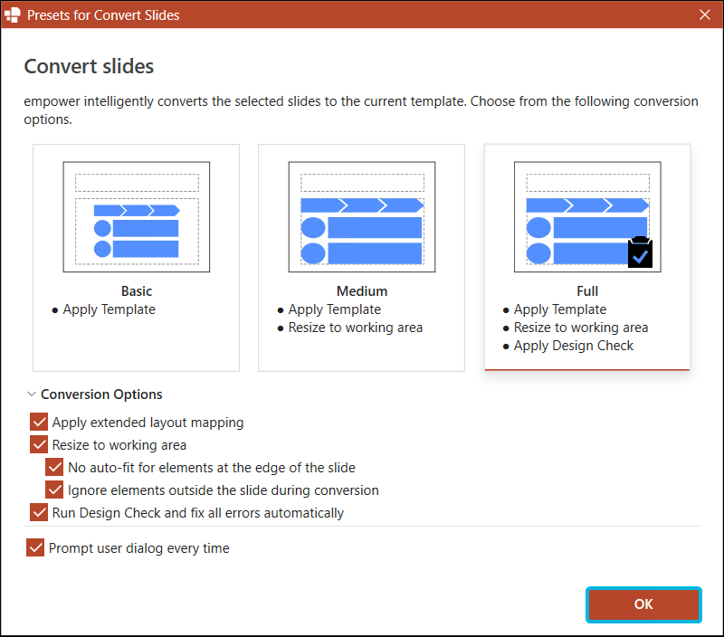 Button OK for Default Conversion Settings
