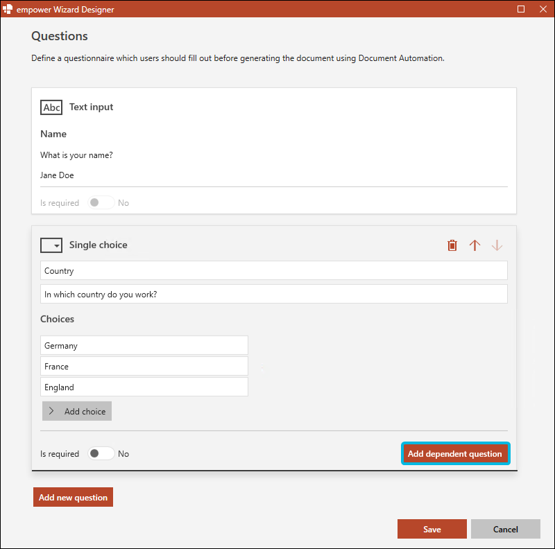 Button Add dependent question
