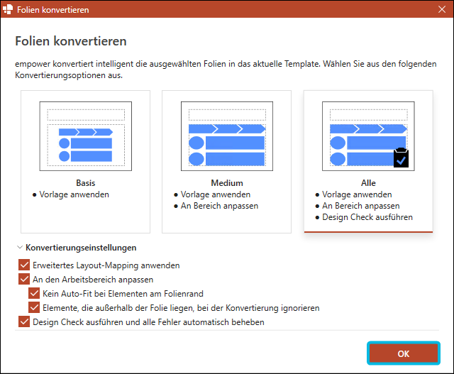 Button OK für Konvertierungseinstellungen