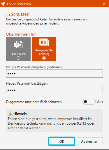 Button OK für den Folienschutz