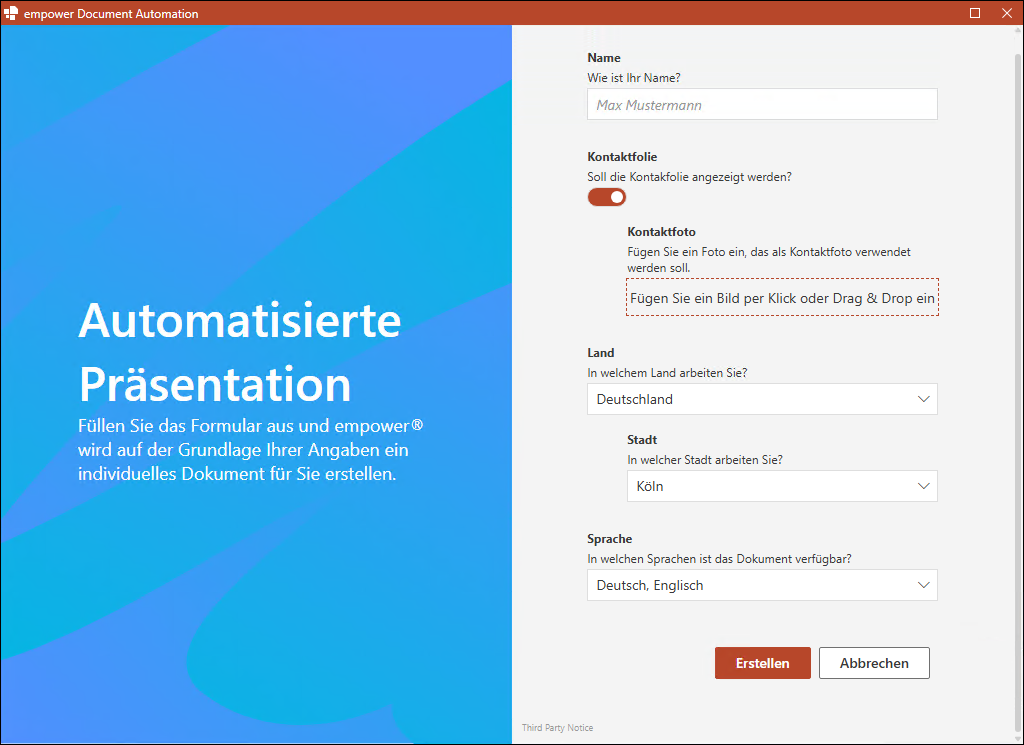 Dialogfenster für automatisierte Vorlage