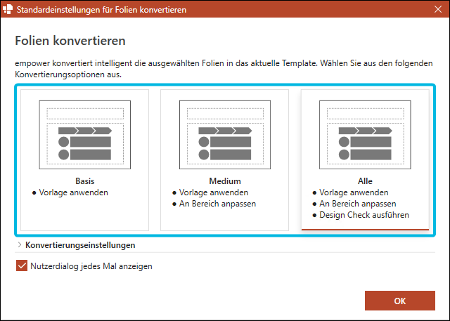 Voreinstellungen für Konvertierung