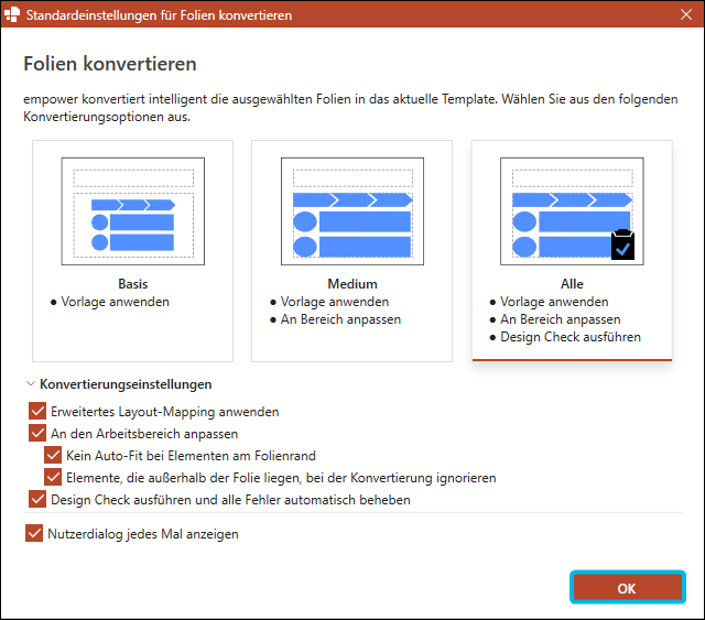 Button OK für Standard-Konvertierungseinstellungen