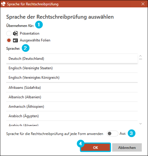 Dialogfenster Sprache für Rechtschreibprüfung