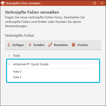 Erweiterter Eintrag für verknüpfte Folie