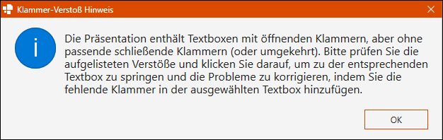 Dialogfenster für Klammer-Fehler