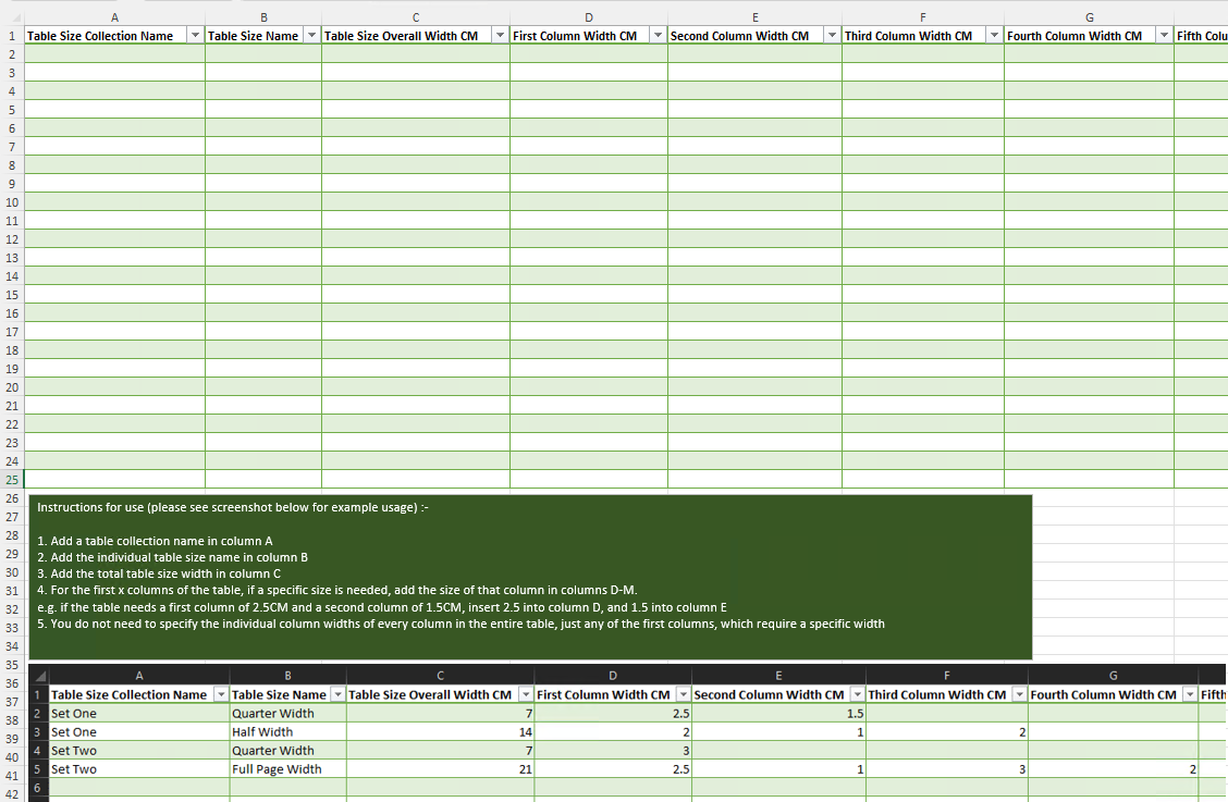 Workbook to Define Table Sizes
