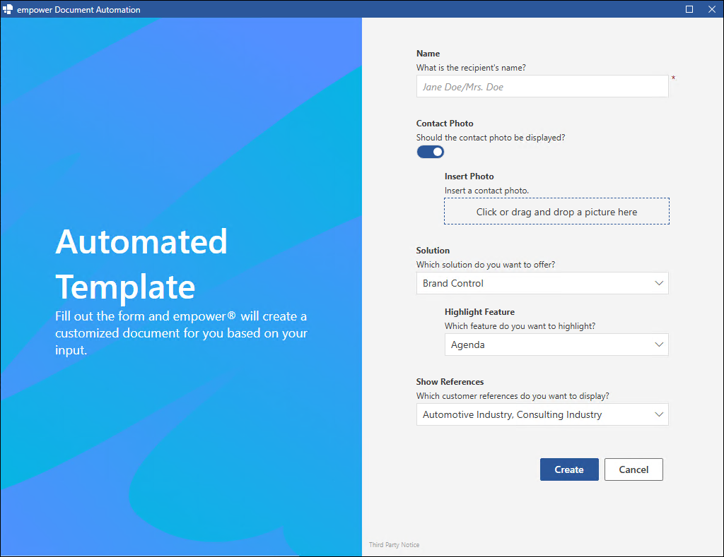 Dialog Box for Automated Template