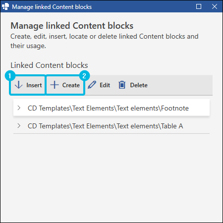 Buttons Insert and Create for Linked Content Blocks