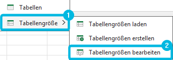 Option Tabellengrößen bearbeiten