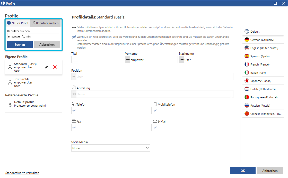 Option Benutzer suchen in der Profilverwaltung