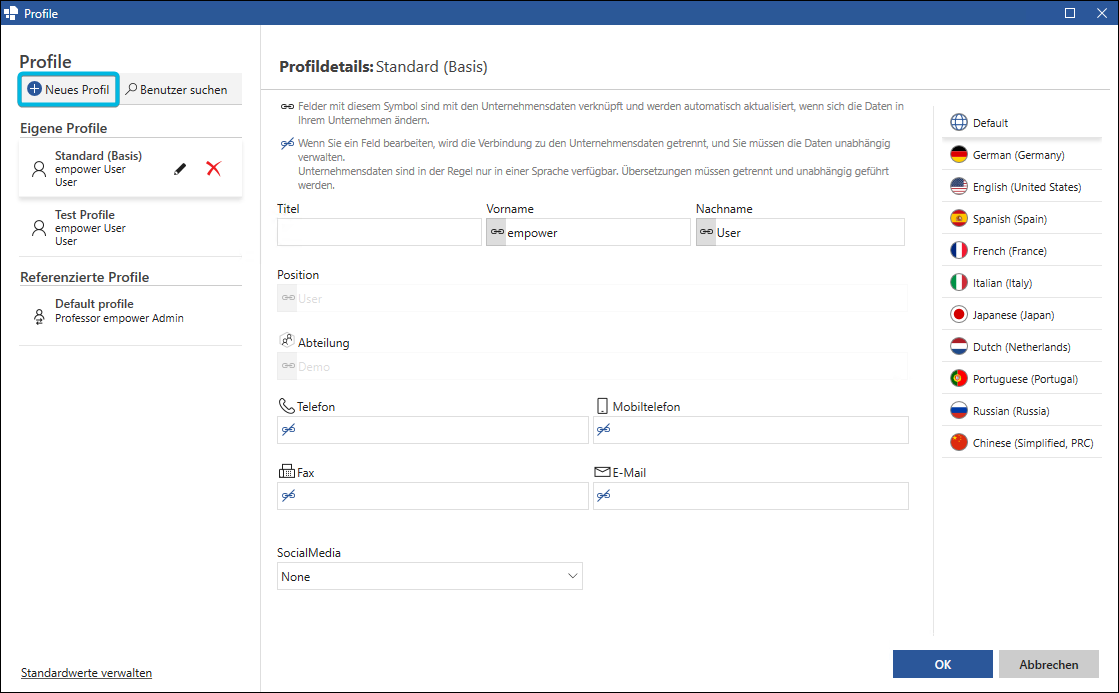 Button Neues Profil