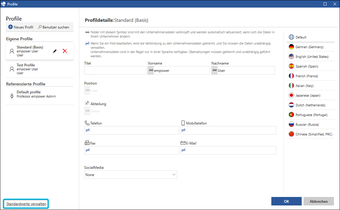Button Standardwerte verwalten