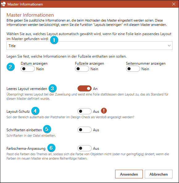 Dialogfenster Master Informationen
