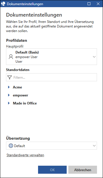 Dialogfenster Dokumenteinstellungen