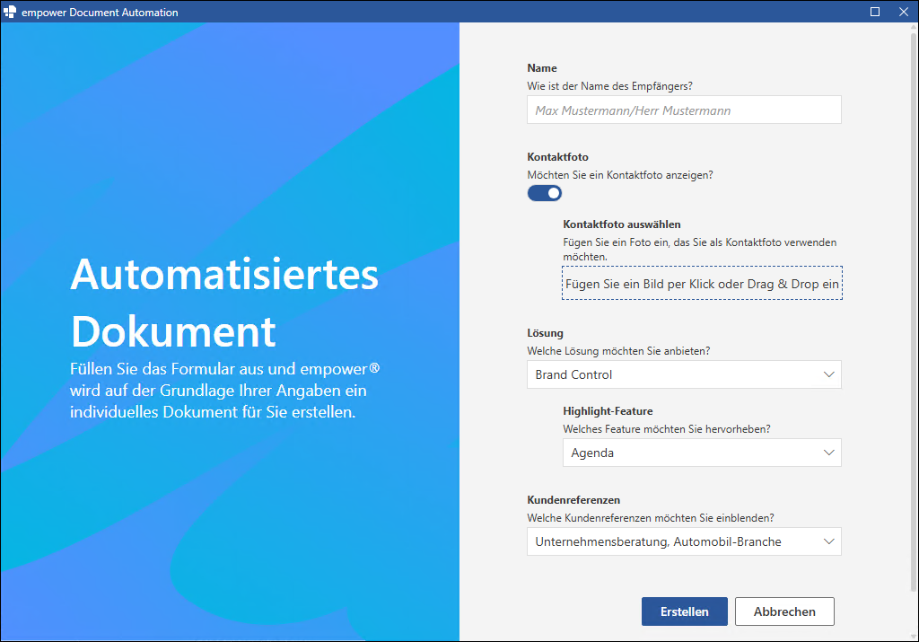 Dialogfenster für automatisierte Vorlage