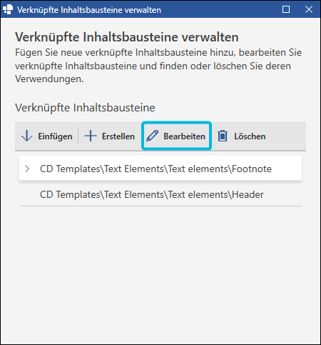 Button Bearbeiten für verknüpften Inhaltsbaustein