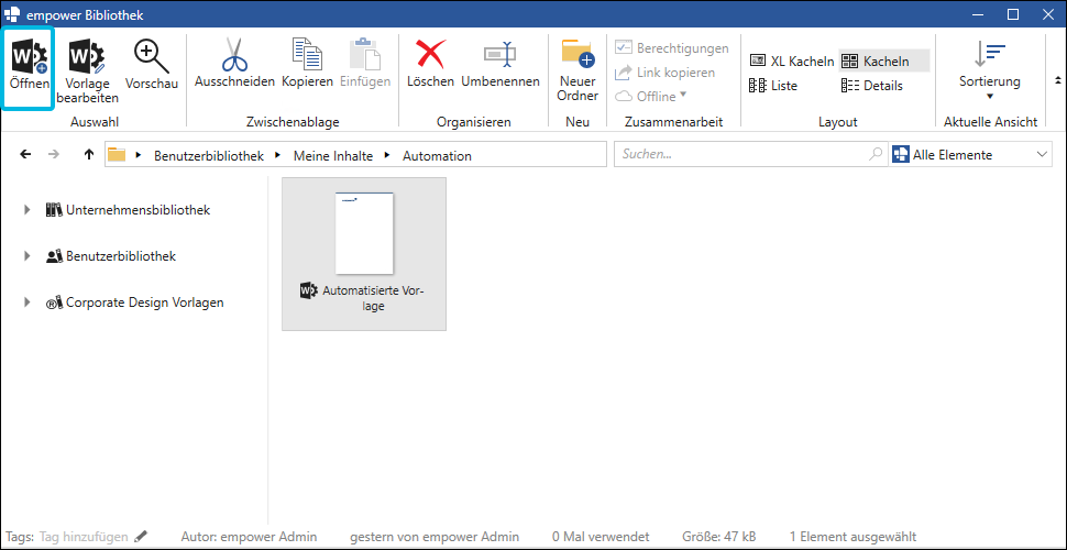 Automatisierte Vorlage öffnen