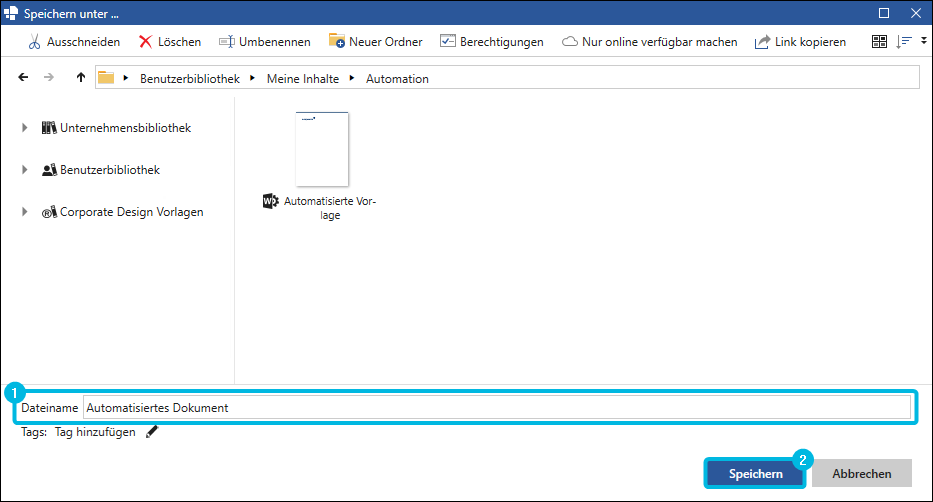 Automatisierte Vorlage speichern