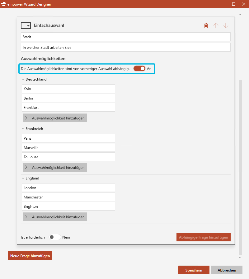 Toggle-Button für abhängige Einfachauswahl-Frage