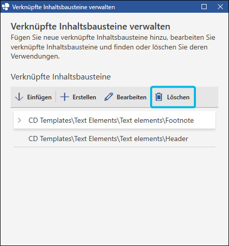 Gesamten Eintrag eines verknüpften Inhaltsbausteins löschen