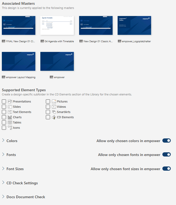 Overview Available Settings for each Design