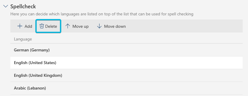 Button Delete for Spell Check Languages