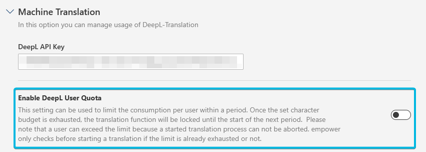 Toggle Button Enable DeepL User Quota