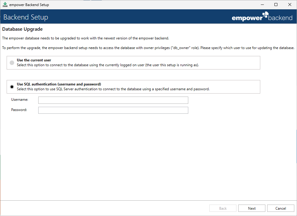 Database Upgrade with SQL User